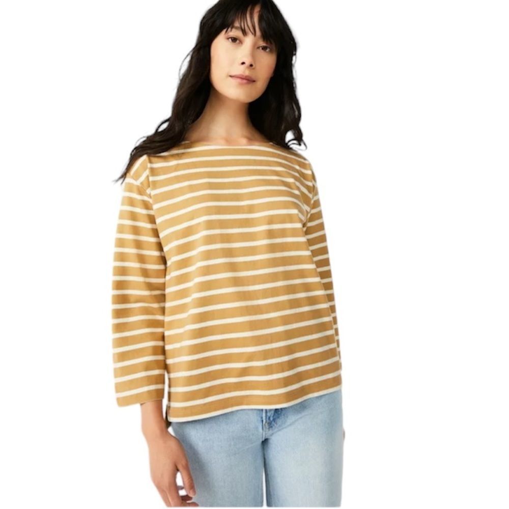 Free Assembly Women's Sailor T-Shirt SZ L Tan/White Stripe Quarter Length Sleeve - Picture 1 of 12